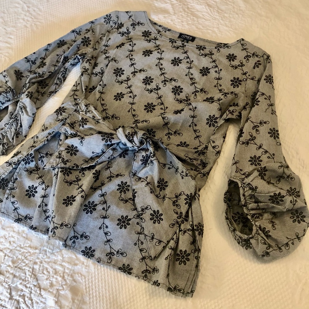 Jones of New York Blouse - Black and white eyelet with wrap around tie